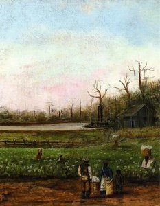 Cottonfield With Bayou, Steamboat, Road, Cabin And Fieldhands — William Aiken Walker