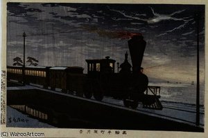A Steam Locomotive In Hazy Moonlight — Kobayashi Kiyochika, Ukiyo-e