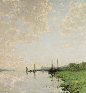 A Summer Landscape With Boats On A Waterway — Cornelis Kuypers, Realism