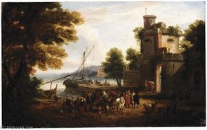 Italianate Harbour Scene With Figures On The Quay Before A Town's Walls