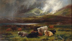 Highland Cattle Resting Near A Loch — Louis Bosworth Hurt