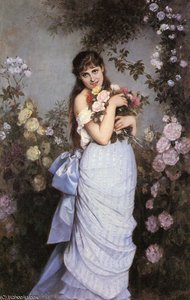 A young woman in a rose garden