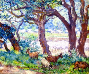 Peach Trees In Blossom, Cork Oaks And Goats — Theo Van Rysselberghe, Post-impressionism