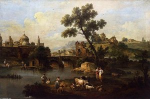 Landscape With River And Bridge — Giuseppe Zais, Rococo