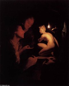 Artist And Model Looking At An Ancient Statue By Lamplight — Godfried Schalcken