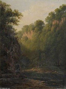 A Rocky Ravine With Trees And Figures Beside A River — Patrick Nasmyth