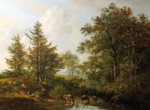 A Shepherdess And Cattle Resting By A Wooded Pond — Pieter Gerardus Van Os