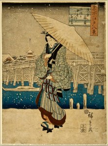 Evening Snow At Asakusa Or Woman With Umbrella From The Series Eight Views Of The Environs Of Edo — Utagawa Hiroshige