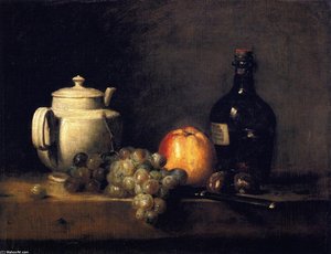 White Teapot With White And Red Grapes, Apple, Chestnuts, Knife And Bottle — Jean-baptiste-siméon Chardin