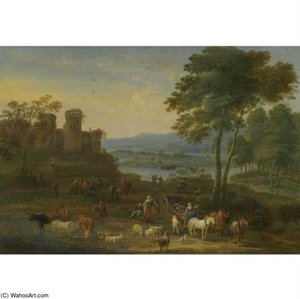 A River Landscape With Herders And Their Animals On A Path With Other Figures