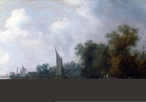 A River With Fishermen Drawing A Net — Salomon Van Ruysdael