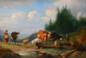 Cows, Sheep And A Goat At A Drinking Trough — Nicolas Edward Gabé
