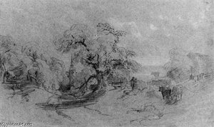 Cattle On The Edge Of A Lane, A Church Beyond — Peter De Wint