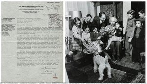 Letter from Albert Einstein to Eduard (sic) Warburg alongside photograph of Albert Einstein with refugee children and JDC leader William Rosenwald in Princeton, NJ