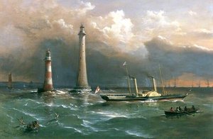 Hms 'vivid' Passing The Old And New Eddystone Lighthouses, The Channel Squadron In The Distance — Richard Brydges Beechey