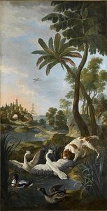 PAYSAGE AVEC UN CHIEN ATTAQUANT DES CYGNES, CANARD COLVERT ET TADORNE DE BELON