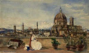The Artist's Wife Admiring The Skyline Of Florence With The Bargello — Thomas Hartley Cromek