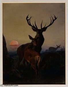 A Stag With Deer In A Wooded Landscape At Sunset — Charles Jones, Romanticism