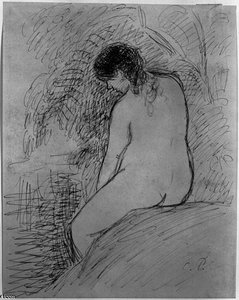 Female Nude Sitting On Rock By Stream — Camille Pissarro