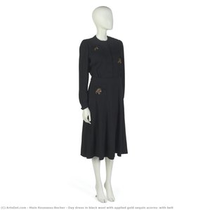 Day Dress In Black Wool With Applied Gold Sequin Acorns, With Belt — Main Rousseau Bocher