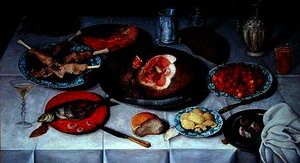 Breakfast piece with a fish, ham and cherries