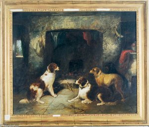 Dogs In An Interior Resting By The Fireplace — George Armfield (smith)