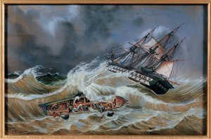 Reverse Glass Painting Of The Overturn Of The Sloop Of The French Man-of-war — Petrus Ignatius Jan Weyts Of Antwerp, Romanticism