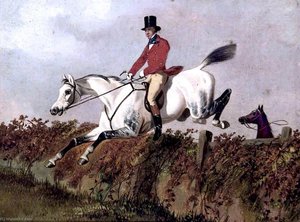 Gentleman on a Grey Horse Taking a Fence