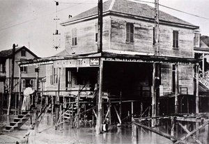 West End Grocery, Location Unidentified, Woman Going Up Steps, During Grandraising 1903 1911, From The Corner Stores Of Galveston, Galveston County Cultural Arts Council — Betty Tichich