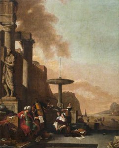 Capriccio Of A Roman Ruins With Orientals, A Fountain And An Antique Statue — Thomas Wyck, Baroque