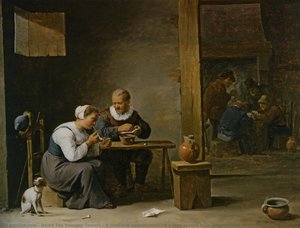 A Man And Woman Smoking A Pipe Seated In An Interior With Peasants Playing Cards On A Table — David Teniers The Younger, Baroque