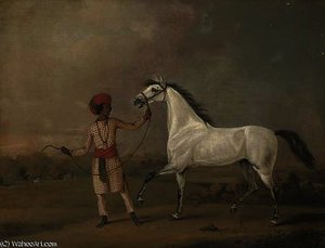 An Arab Stallion Held By An Indian Groom In An Exotic Landscape, Figures Beyond — Henry Bernard Chalon