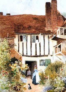 Girl And Cat Outside Cottage — Arthur Claude Strachan