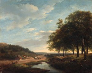 An Extensive Summer Landscape With Travellers And A Hay-wagon On A Sandy Track