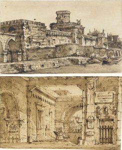 A Courtyard With Walls Bearing Plaques, Busts And Other Motifs, And A Crenellated Fort With A Canal In The Foreground — Pietro Di Gottardo Gonzaga