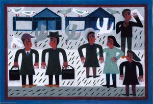 Six Figures With Pigeons And Buildings — Eddie Arning