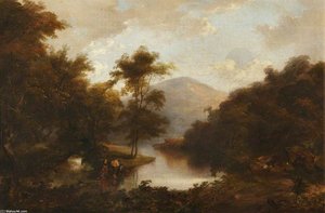Figures By A River In A Mountainous Landscape — Alexander Nasmyth