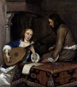 Woman Playing The Theorbo-lute And A Cavalier — Gerard Ter Borch, Baroque Genre Painting
