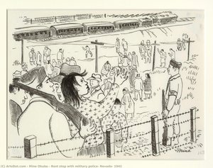 Rest Stop With Military Police, Nevada, 1942 — Miné Okubo