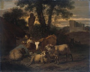 Italian Landscape With Shepherdess And Flocks, Simon Van Der Does, 1708 — Simon Van Der Does