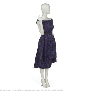 Cocktail Dress In Purple And Black Flowered Silk With Belt — Pauline Trigère, Vintage Fashion Style