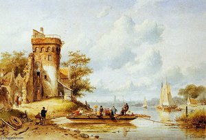 Leiclert Charles Riverlandscape With Ferry Sun — Charles Henri Joseph Leickert