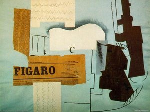 Bottle Of Vieux Marc, Glass, Guitar And Newspaper — Pablo Picasso