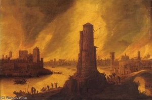 A Burning City By A River With Figures Fleeing In The Foreground — Dirck Verhaert