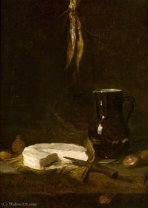 Still Life With A Jug, Cheese, Onions, Fish And A Knife — François Bonvin