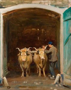 Oxen At An Archway Being Yoked, At Baron Robert's Estate, Chantilly — Sir Alfred James Munnings