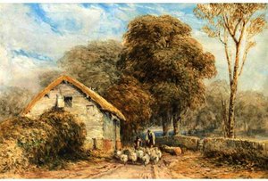 A Shepherd And Sheep By A Barn On A Country Road — David Cox