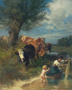 Kühe Und Wäscherin Am Bach Cows And Washerwoman Near A Brook — Rudolf Koller