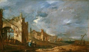 Ruined Buildings And Figures At The Edge Of The Lagoon — Francesco Lazzaro Guardi