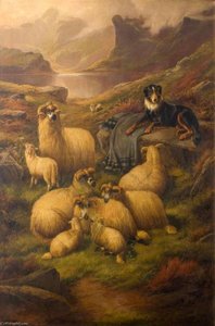 Highland Landscape With Sheepdog And Sheep — John Joseph Barker